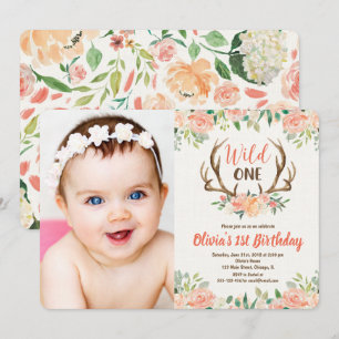 Wilde één 1e verjaardag fotouitnodiger hert antler kaart