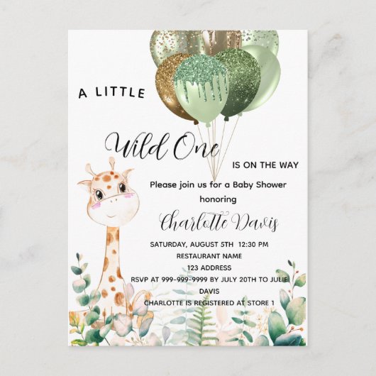 Wilde één baby shower giraffe oerwoud ballonnen uitnodiging briefkaart (Voorkant)