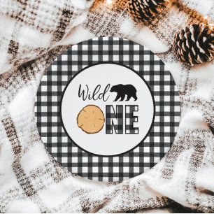 Wilde Eén Beer Buffalo Geruite Eerste Verjaardag Papieren Bordje