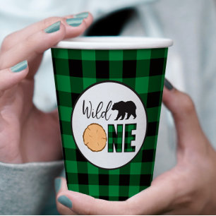 Wilde Eén Beer groene Buffalo Plaid Eerste Verjaar Papieren Bekers