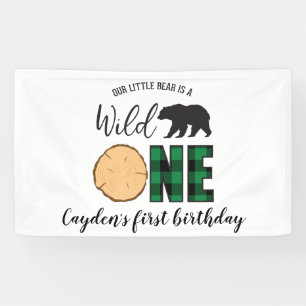 Wilde Eén Beer groene Buffalo Plaid Eerste Verjaar Spandoek