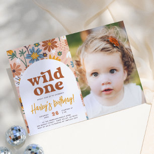 Wilde Eén Retro Boho Wilde Bloem 1e Verjaardag Fot Kaart