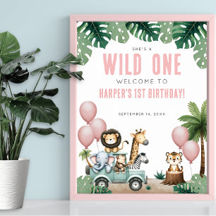 Wilde Eén Roze Safari 1e Verjaardag Welkom Poster