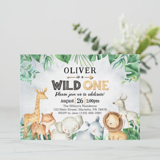 Wilde Eén Safari Dieren 1e Verjaardag Kaart (Staand voorkant)