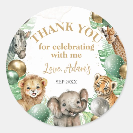 Wilde Eén Safari dieren Ballon Baby 1e verjaardag Ronde Sticker (Voorkant)