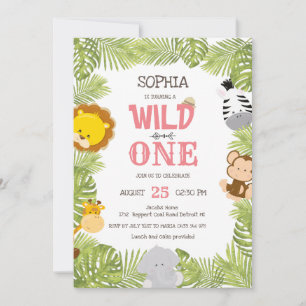 Wilde Eén Safari Dieren Jungle Eerste Verjaardag Kaart