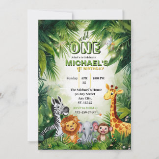 Wilde Eén Safari Jungle Dieren 1e Verjaardag Kaart