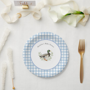 Wilde Eend Blauw Wit Geruit Baby Shower Papieren Bordje