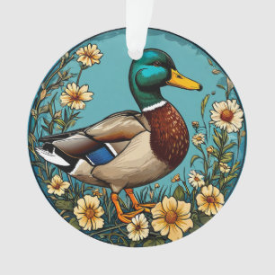 Wilde Eend Omringd door Levendige Bloemen in een S Ornament