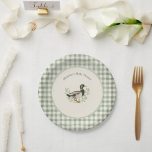 Wilde Eend Salie Groen Gingham Baby Shower Papieren Bordje