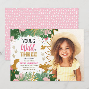 Wilde en Drie DinoGirl Pink Dinosaur 3rd Birthday Kaart