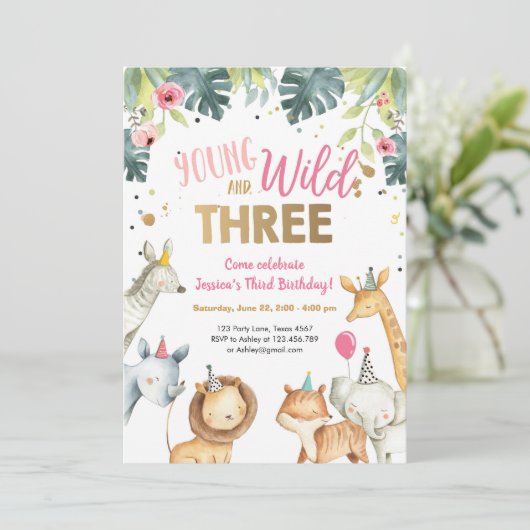 Wilde en Drie Safari Animals - Aanwezige uitnodigi Kaart (Staand voorkant)