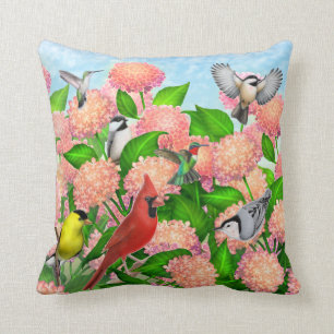 Wilde hobbyvogels op Hydrangea Flowers Pillow Kussen