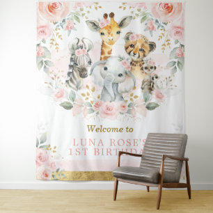 Wilde Jungle Dieren Roze Bloemen Verjaardags Welko Wandkleed