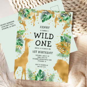 Wilde Jungle Safari 1e Verjaardag Groen Uitnodiging Briefkaart