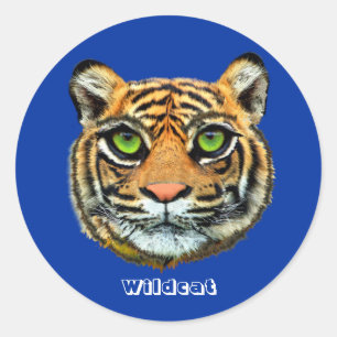 Wilde kat op blauw ronde sticker