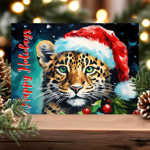 Wilde kerstwensen Santa Hat Cheetah Cat Feestdagen Kaart