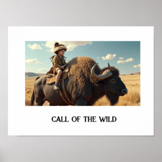 Wilde kind op de bizon rijdend poster