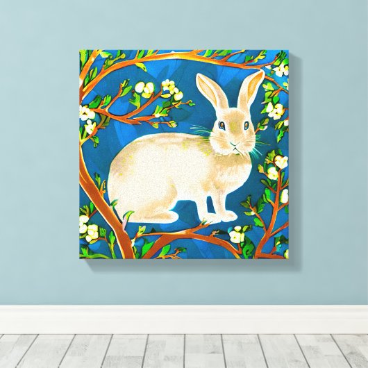Wilde konijn en bloeiende takken canvas afdruk (Insitu (Houten vloer))