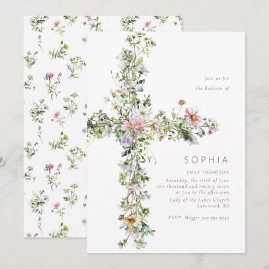 Wilde meauwe bloem kruist de Baptism Christening Kaart (Voorkant / Achterkant)