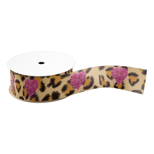 Wilde mousserende roze Harten en luipaard Grosgrain Lint (Spoel)