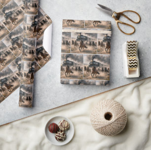 Wilde Mustangs rennen naast een vintage trein Cadeaupapier