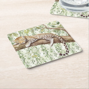 Wilde Oerwoud Groene Ivy Leopard Verjaardag Vierkante Kartonnen Onderzetter