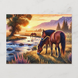 Wilde paarden bij zonsondergang briefkaart