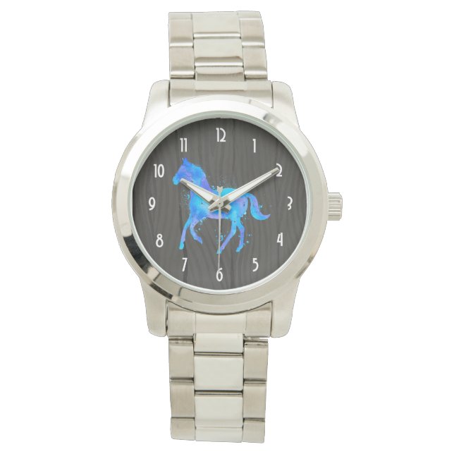 Wilde paarden in blauwe en Paarse Waterverf Horloge (Voorkant)