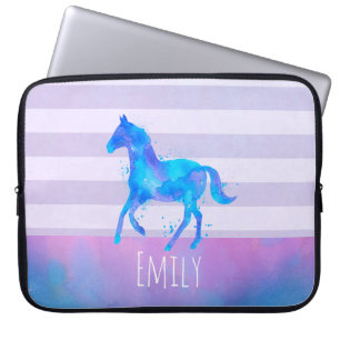 Wilde paarden in blauwe en Paarse Waterverf Laptop Sleeve