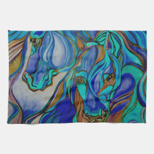 Wilde paarden in bruin en Blauwgroen Theedoek