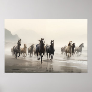 Wilde paarden op een mistig strand poster