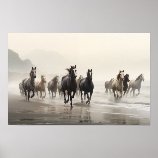 Wilde paarden op een mistig strand poster (Voorkant)