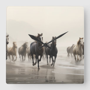 Wilde paarden op een mistig strand vierkante klok