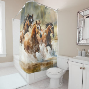 Wilde paarden rennen bruin zwart aquarel douchegordijn