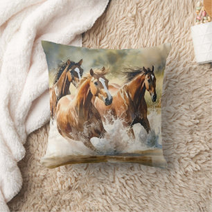 Wilde paarden rennen bruin zwart aquarel kussen
