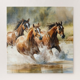 Wilde paarden rennen bruin zwart aquarel legpuzzel