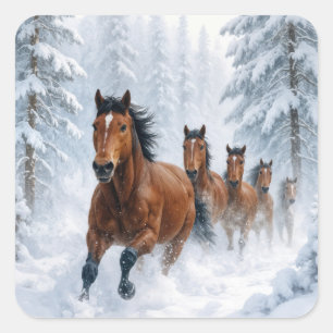 Wilde paarden rennen door een besneeuwd bos vierkante sticker