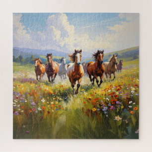 Wilde paarden rennen in een bloemenweide legpuzzel