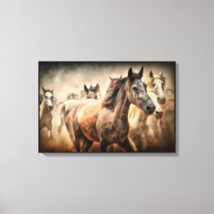 WILDE PAARDEN RENNEN. MUSTANG HORSE STAMPEED CANVAS AFDRUK