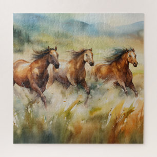 Wilde paarden rennend door grazige velden Aquarel Legpuzzel