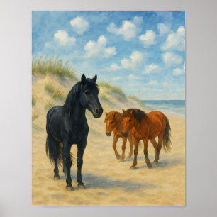 Wilde paarden van Corolla North Carolina Aquarel Poster