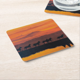 Wilde paarden van Montana Schilderij van Alfred Fo Vierkante Kartonnen Onderzetter