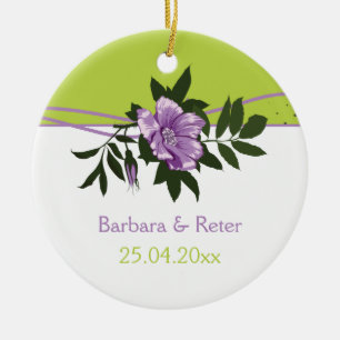 Wilde paarse roos met groene tang keramisch ornament