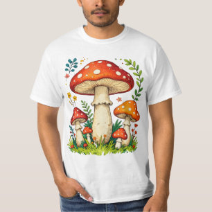 Wilde paddenstoelen en bloemen in gras bos natuur t-shirt