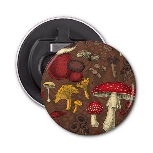 Wilde paddenstoelen op bruin button flesopener (Voorkant)