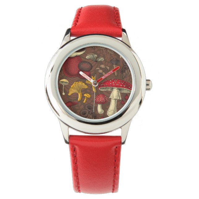 Wilde paddenstoelen op bruin horloge (Voorkant)