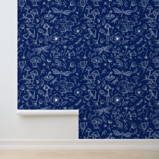 Wilde Paddenstoelen op Marineblauw Behang