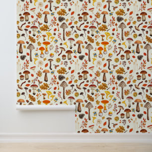 Wilde paddenstoelen op wit behang