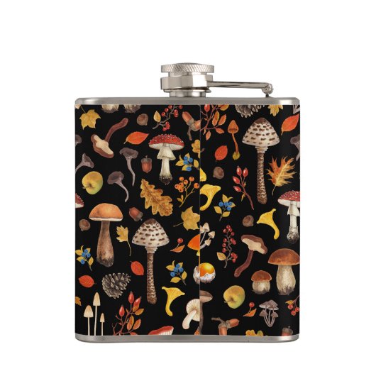 Wilde paddenstoelen op zwart heupfles (Achterkant)